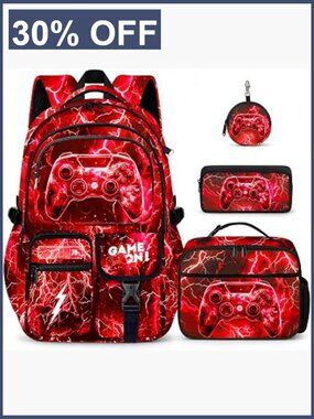 4-Piece Gamer Backpack Set with Lunch Box Pencil Case for School